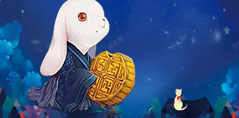 蓝色卡通中秋节玉兔PSD分层H5jpg设计背景_新图网 https://ixintu.com H5 PSD分层 中国风 中秋节 卡通 唯美 房檐 手绘 星空 月饼 漫画 玉兔 蓝色