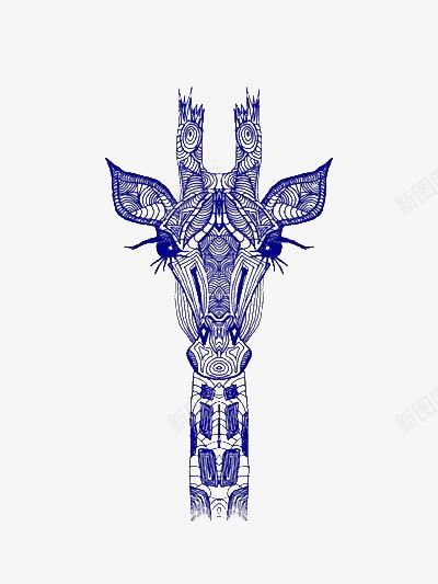长颈鹿png免抠素材_新图网 https://ixintu.com 插画 白描 花纹 蓝色 长颈鹿