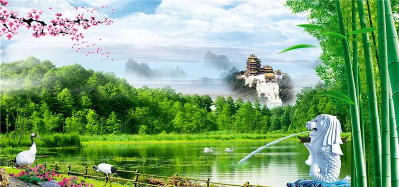 淘宝海报背景jpg设计背景_新图网 https://ixintu.com 森林 竹子背景 高山 瀑布 仙鹤 湖水 蓝天 白云 海报banner 摄影 风景