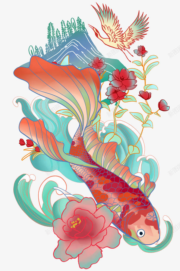 金鱼仙鹤国潮插画荷花png免抠素材_新图网 https://ixintu.com 仙鹤 国潮 插画 荷花 金鱼