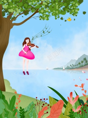 夏天拉小提琴的女孩海报背景背景
