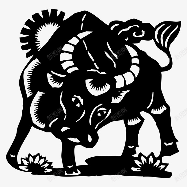 吃草的牛剪纸画矢量图ai免抠素材_新图网 https://ixintu.com 中式 剪纸牛 卡通 卡通黑牛 牛吃草 牛图 矢量图 花草