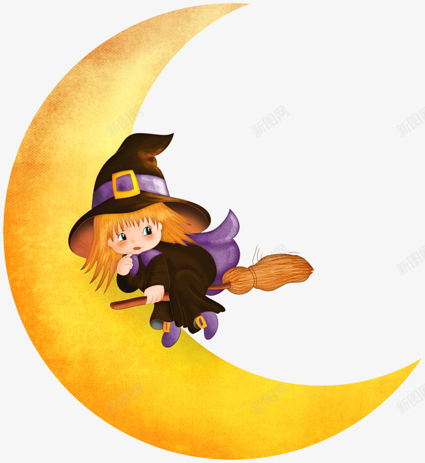 卡通骑在月牙上的小巫师png免抠素材_新图网 https://ixintu.com 万圣节 地球 月亮 月牙