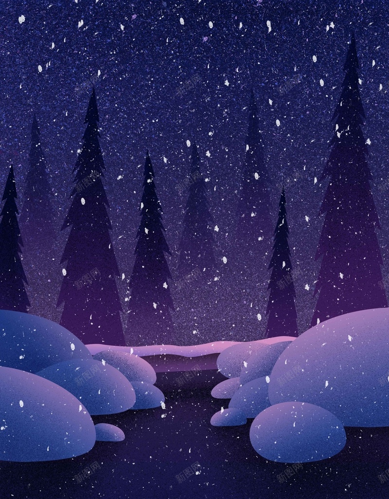 夜晚雪景蓝色手绘插画背景