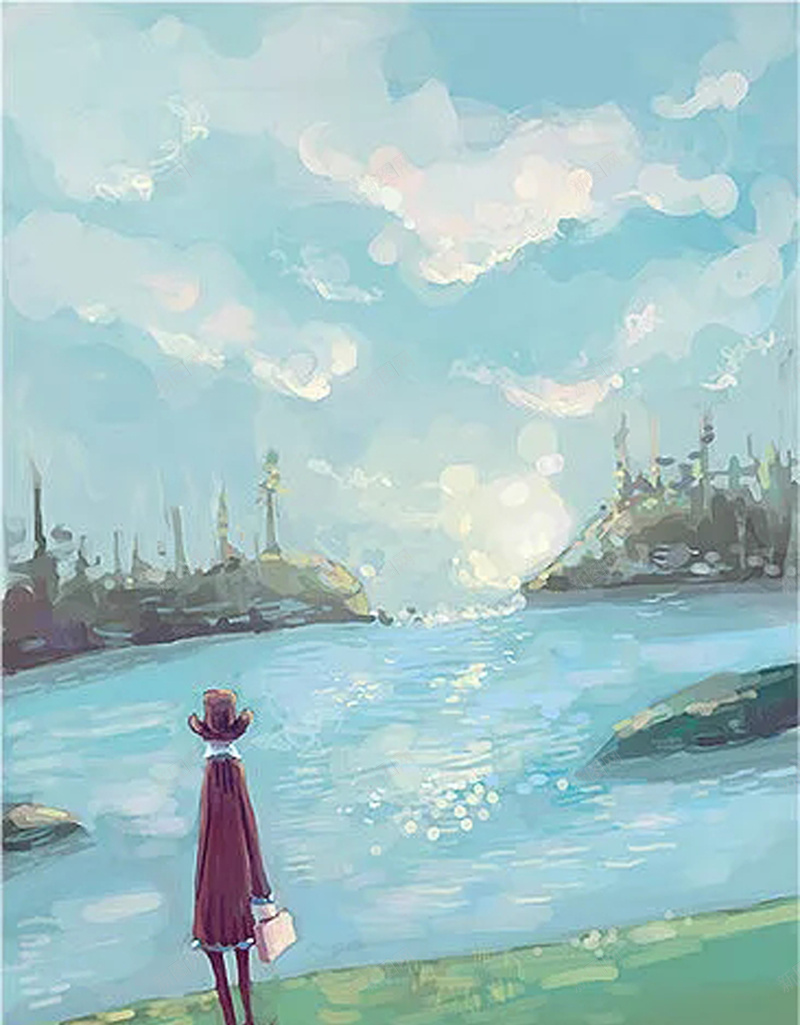 文艺卡通海报背景psd设计背景_新图网 https://ixintu.com 卡通 天空 小女孩 憧憬 手绘 文艺 海水 童趣 绿地 草地