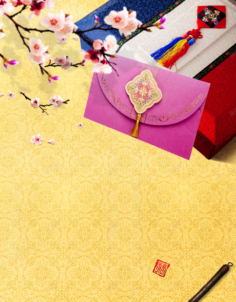 桃花国风信封背景元素psd设计背景_新图网 https://ixintu.com 中国风 信封 桃花 毛笔 背景元素
