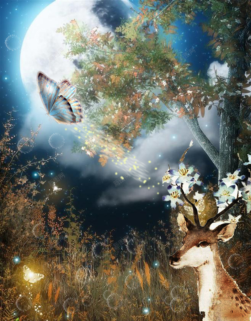 浪漫蝴蝶纷飞之夜psd设计背景_新图网 https://ixintu.com 夜晚 小鹿 彩色 梦幻 浪漫 背景 蓝色 蝴蝶