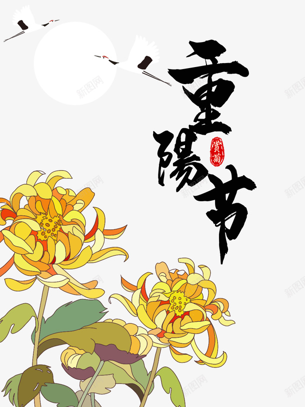 重阳节菊花元素图psd免抠素材_新图网 https://ixintu.com 仙鹤 元素图 手绘元素 艺术字 菊花 菊花图案 菊花花束 重阳节