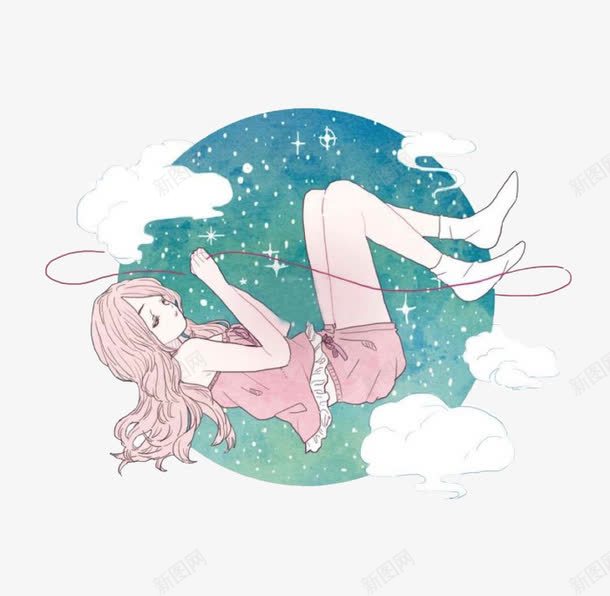 幻想女孩png免抠素材_新图网 https://ixintu.com 女孩 白云 细线 装饰