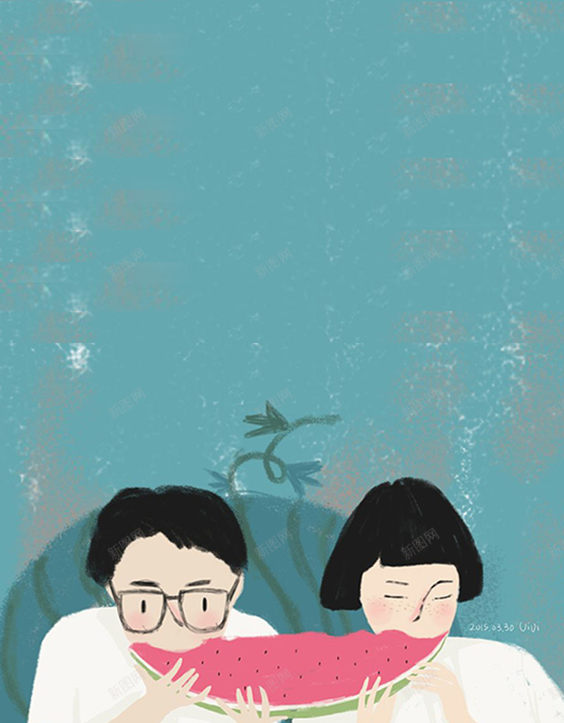 创意夏季手绘人物海报jpg设计背景_新图网 https://ixintu.com 卡通 夏日 手绘 水果 西瓜 吃西瓜的情侣 夏天 清凉一夏