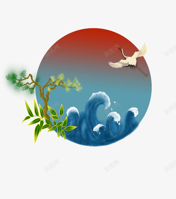 插画仙鹤浪花树叶松树枝png免抠素材_新图网 https://ixintu.com 仙鹤 插画 松树枝 树叶 浪花