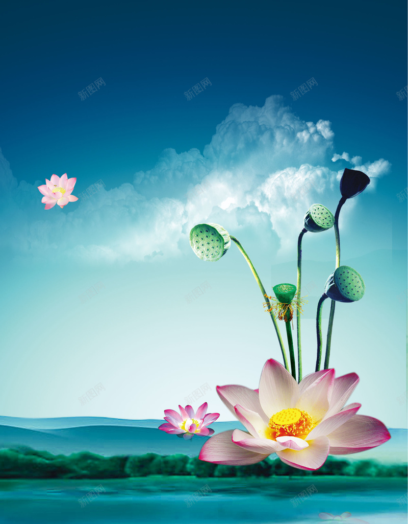 简约蓝色天空莲花企业文化宣传海报背景psd设计背景_新图网 https://ixintu.com 企业文化 商务 科幻 科技 简约海报背景 莲花海报 蓝色天空背景