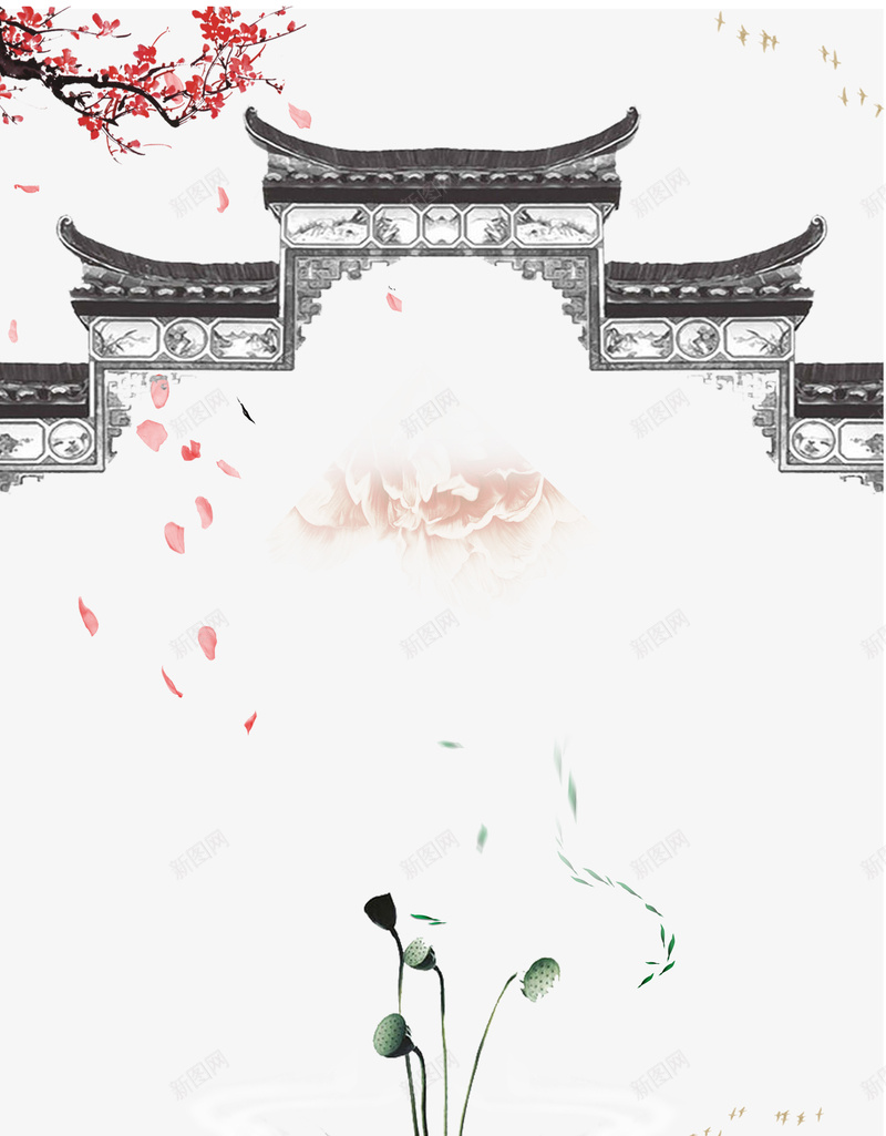梦回江南地产海报psd设计背景_新图网 https://ixintu.com 中国风 古典 地产海报 大气 山水怡情 房地产 案台 梦回江南 水岸江南 花瓣 荷花