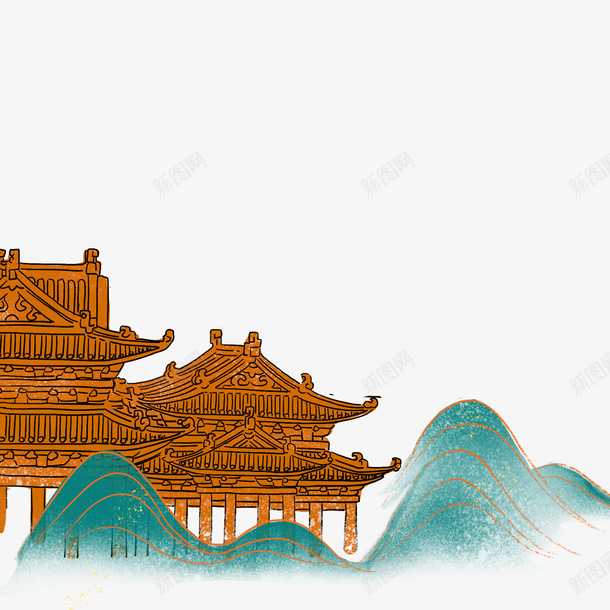国潮风古建筑线稿山体遮挡psd免抠素材_新图网 https://ixintu.com 古建 国潮风 山体遮挡 筑线稿