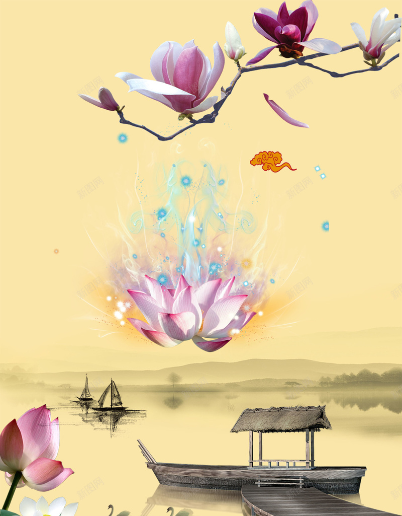 中国风水墨光效莲花背景素材psd设计背景_新图网 https://ixintu.com 中国风背景 中国风 光效 湖泊 莲花 玉兰花 船泊 水墨山水 水墨风景 花卉 祥云