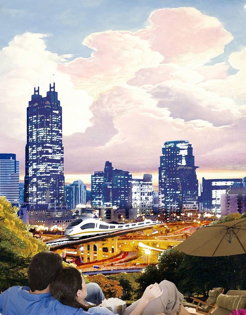 手绘背景图jpg设计背景_新图网 https://ixintu.com 七彩背景 中国风 动车 天空 手绘画 高楼