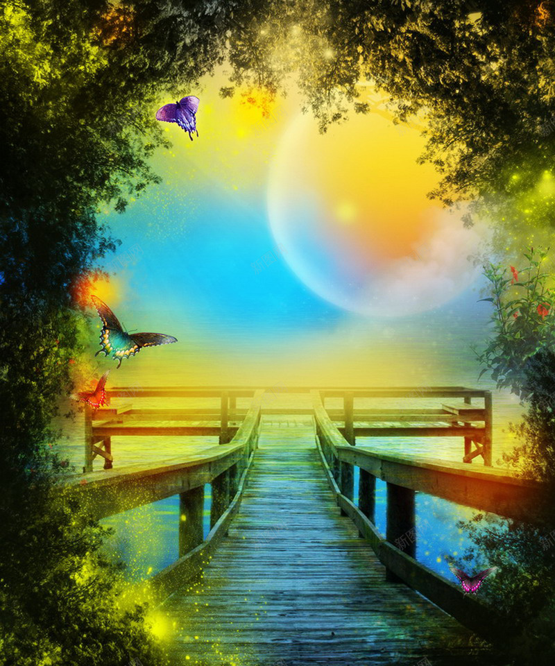 浪漫后花园jpg设计背景_新图网 https://ixintu.com 卡通 小桥 手绘 梦幻 植物 童趣 黄昏 黄色