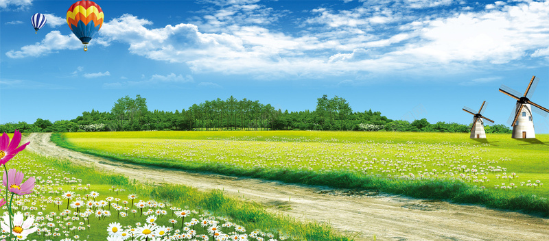 天空草地背景psd设计背景_新图网 https://ixintu.com 天空草地背景 绿地 草地 风车 蓝色 海报banner 摄影 风景