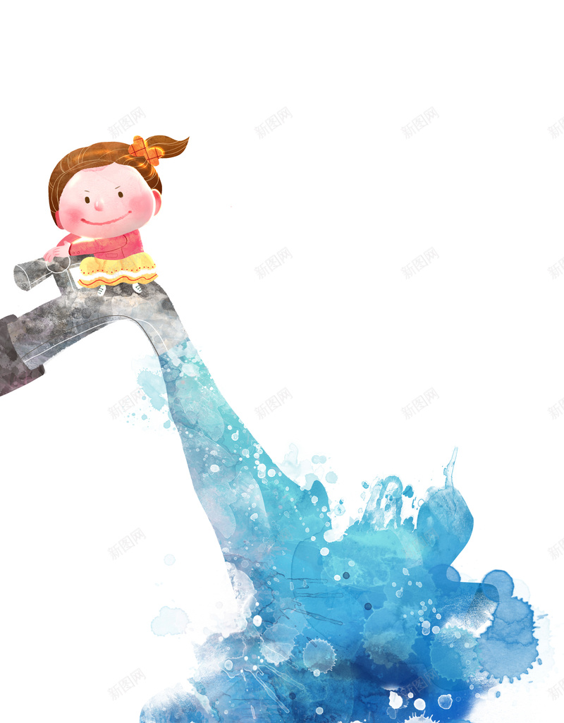 水龙头和卡通小女孩psd高清背景_新图网 https://ixintu.com 卡通 手绘 白色 童趣