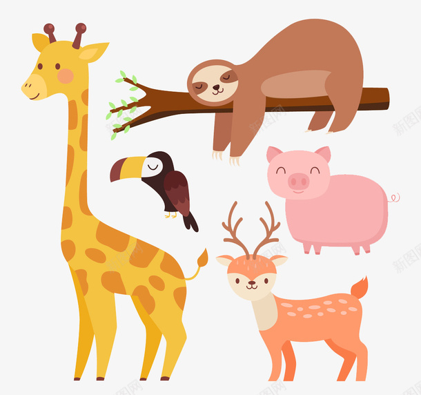 可爱小动物彩色插画片png免抠素材_新图网 https://ixintu.com 儿童画 动物 卡通 可爱 小动物 树懒 蝴蝶 长颈鹿 鹦鹉