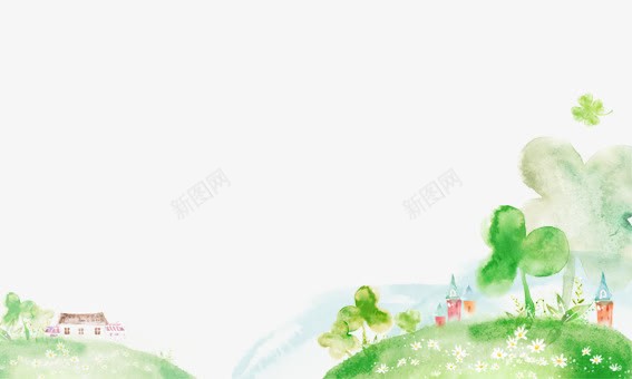 手绘村庄png免抠素材_新图网 https://ixintu.com 手绘房子 手绘树 手绘植物 绿色