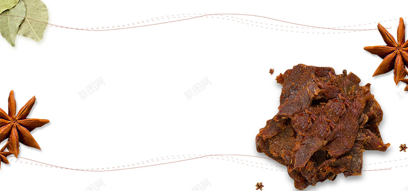 文艺简约牛肉干碎块bannerpsd设计背景_新图网 https://ixintu.com 八角 叶子 文艺 牛肉干碎块 白色 简约 美食 香料