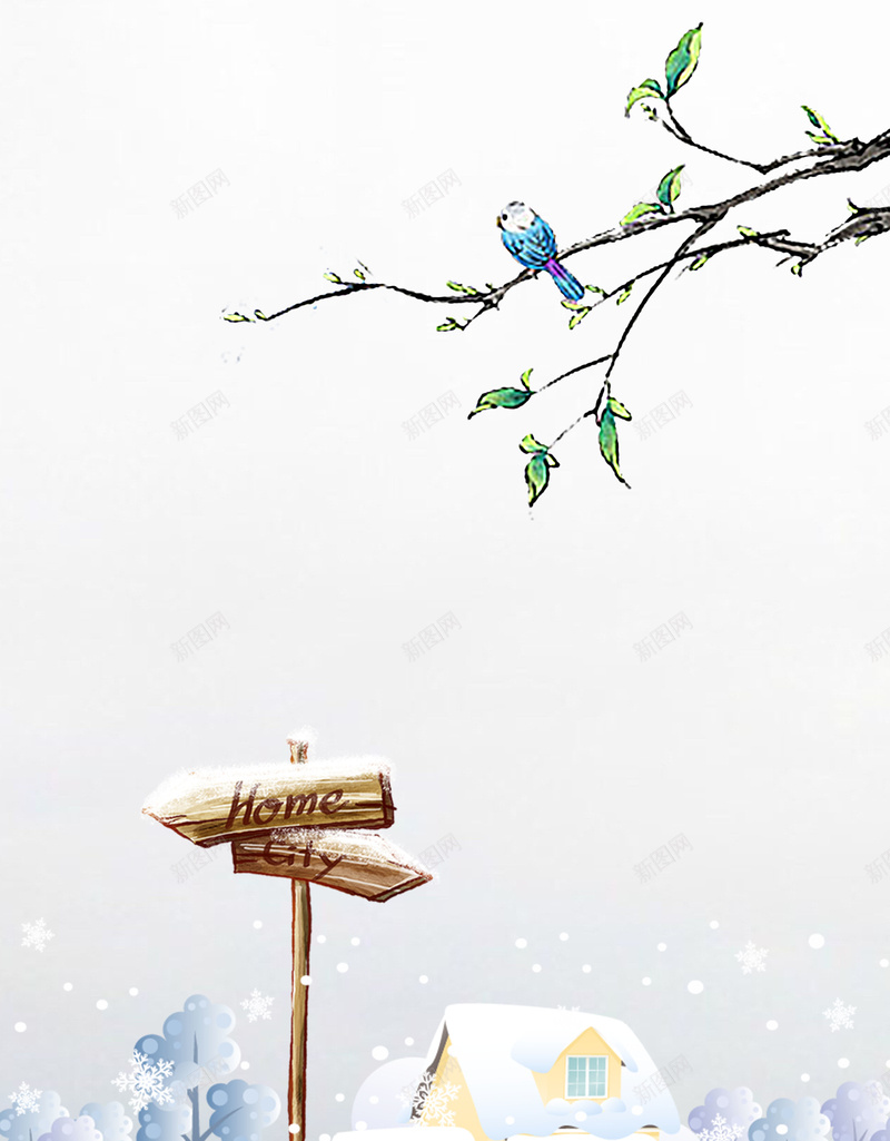 手绘卡通冬季促销雪景风景psd设计背景_新图网 https://ixintu.com 促销 冬季 卡通 小屋 小鸟 手绘 树枝 雪景 风景