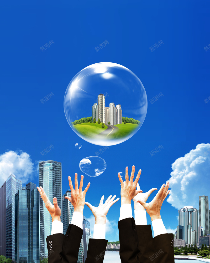 地产海报jpg设计背景_新图网 https://ixintu.com 商务 地产海报 手托建筑蓝色 手托气泡 科幻 科技