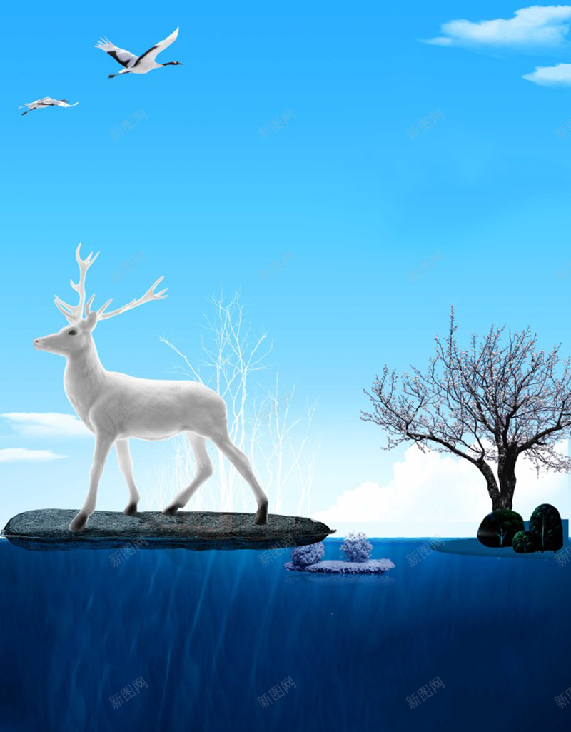 唯美宣传海报psd设计背景_新图网 https://ixintu.com 光明 唯美 宣传 希望 树木 白鹿 蓝天 蓝色调