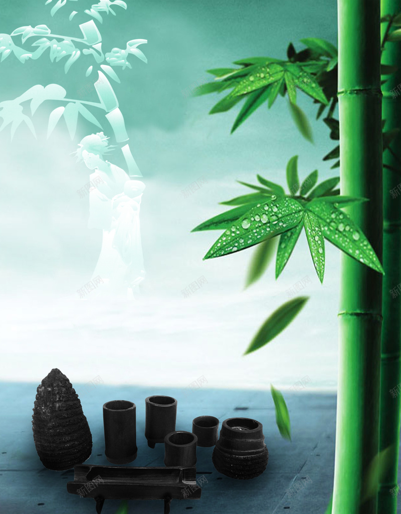 竹子印刷背景psd设计背景_新图网 https://ixintu.com 绿色 黑色 杯子 中国风 竹子印刷背景