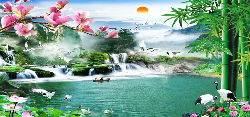 山水风景画jpg设计背景_新图网 https://ixintu.com 小溪流 瀑布 白云 落日 蓝天 船 荷花 荷叶 仙鹤 竹子 水滴 牡丹 天鹅 山 海报banner 摄影 风景