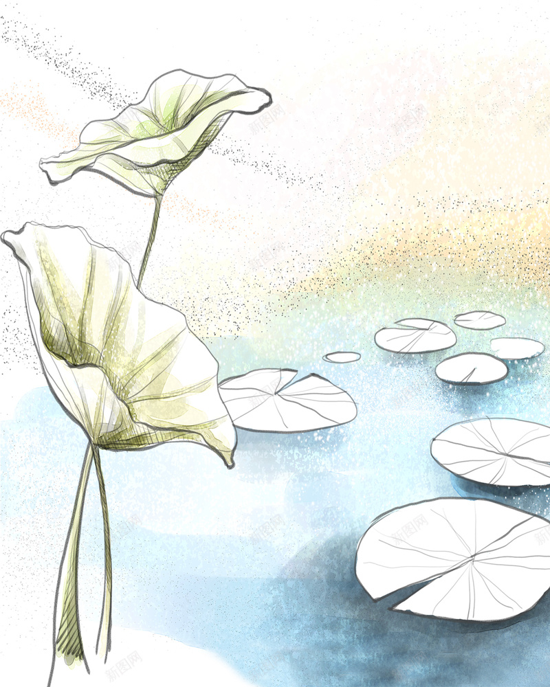 手绘彩铅荷花莲叶psd高清背景_新图网 https://ixintu.com 卡通 彩铅 手绘 白色 童趣
