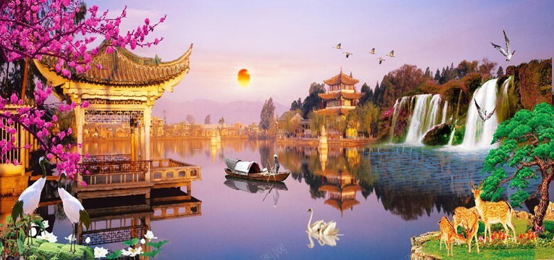 唯美风景画jpg设计背景_新图网 https://ixintu.com 唯美 落日 晚霞 天鹅 小船 人 仙鹤 梅花鹿 瀑布 树林 植物 花 亭子 海报banner 摄影 风景