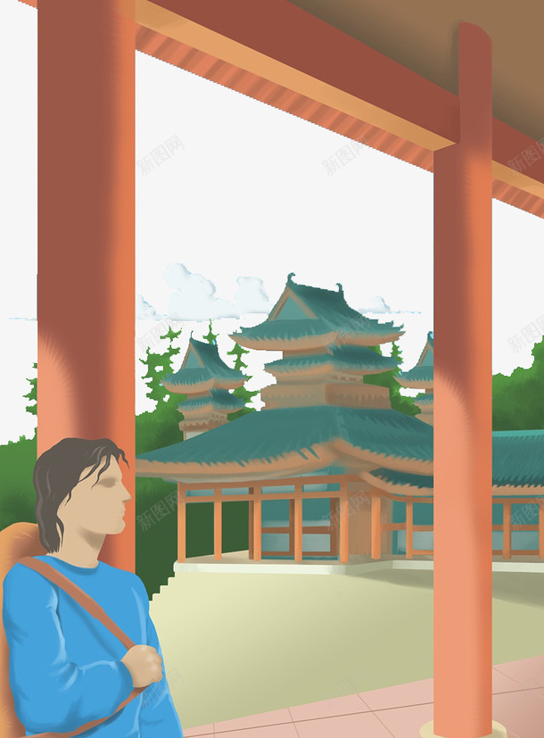 手绘插图参观寺庙