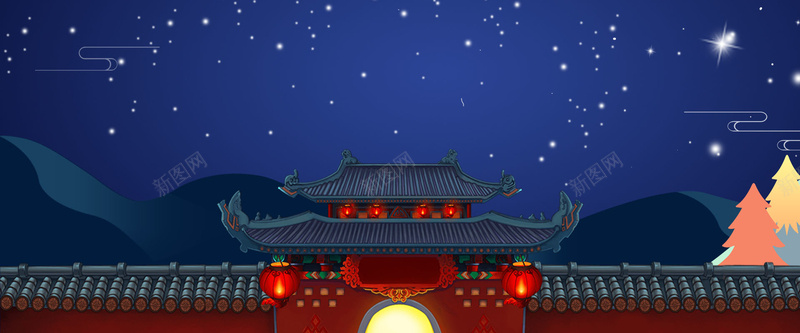 八月十五中秋节卡通手绘中国风banner背景