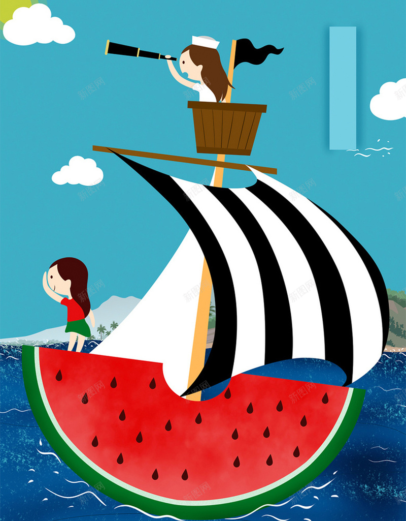 清凉夏季海报jpg设计背景_新图网 https://ixintu.com 卡通 夏季 文艺 海洋 清凉 清新 航帆 航海 蓝色 西瓜 颜色