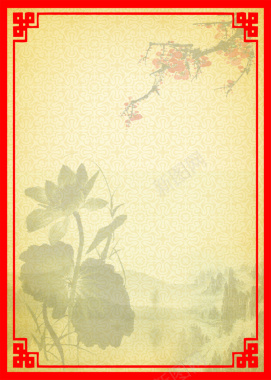 中国风复古荷叶梅花红色边框背景素材背景