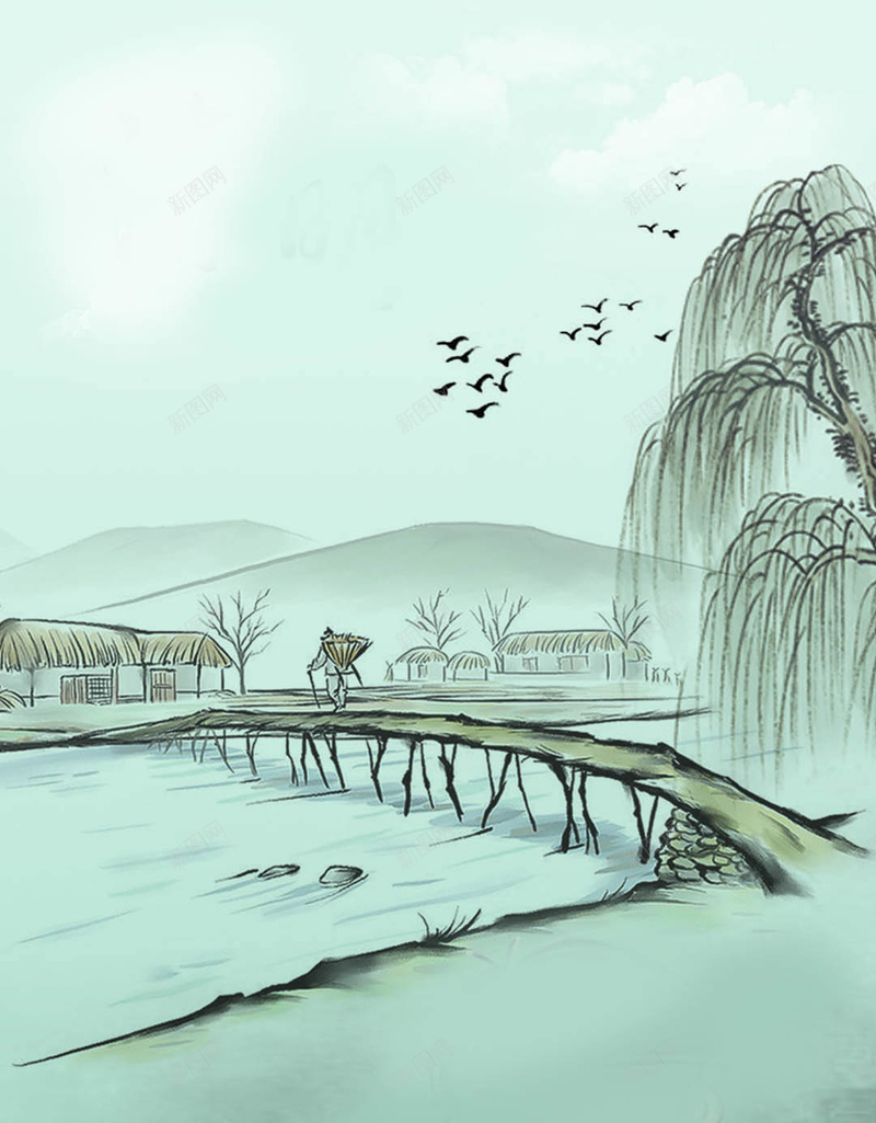 中国水墨青色H5背景jpg设计背景_新图网 https://ixintu.com H5 H5背景 h5 中国 中国画 中国风背景 小清新 杨柳 水墨画 青色