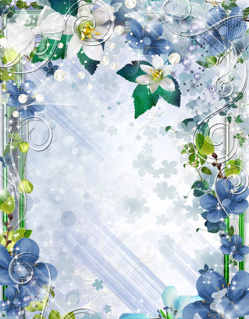 蓝色花卉边框婚礼背景psd设计背景_新图网 https://ixintu.com 开心 手绘 梦幻 浪漫 海报 背景 花卉 蓝色 边框