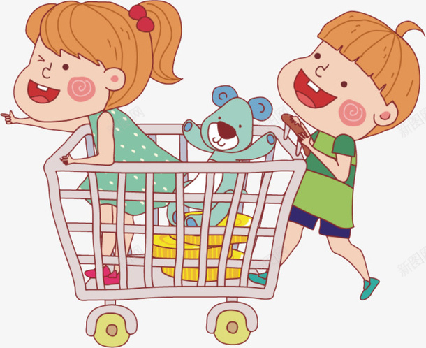 卡通购物购物车png免抠素材_新图网 https://ixintu.com 卡通 男孩女孩 购物 购物车