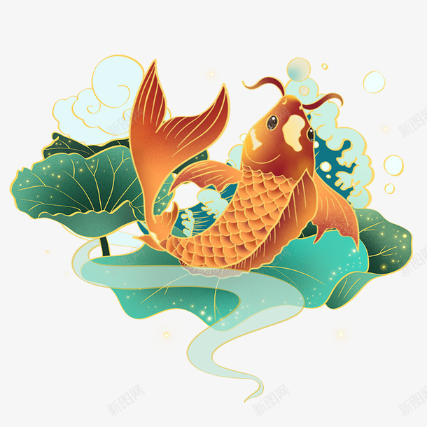 手绘国潮鱼图案png免抠素材_新图网 https://ixintu.com 传统 古典 国潮 手绘 荷花 金鱼 雅风