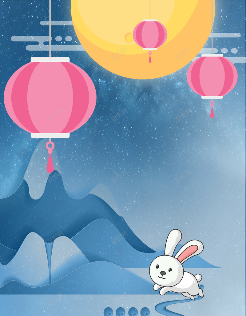 卡通手绘中秋佳节促销psd设计背景_新图网 https://ixintu.com 中秋 佳节 促销 卡通 手绘 月亮 灯笼 玉兔 远山