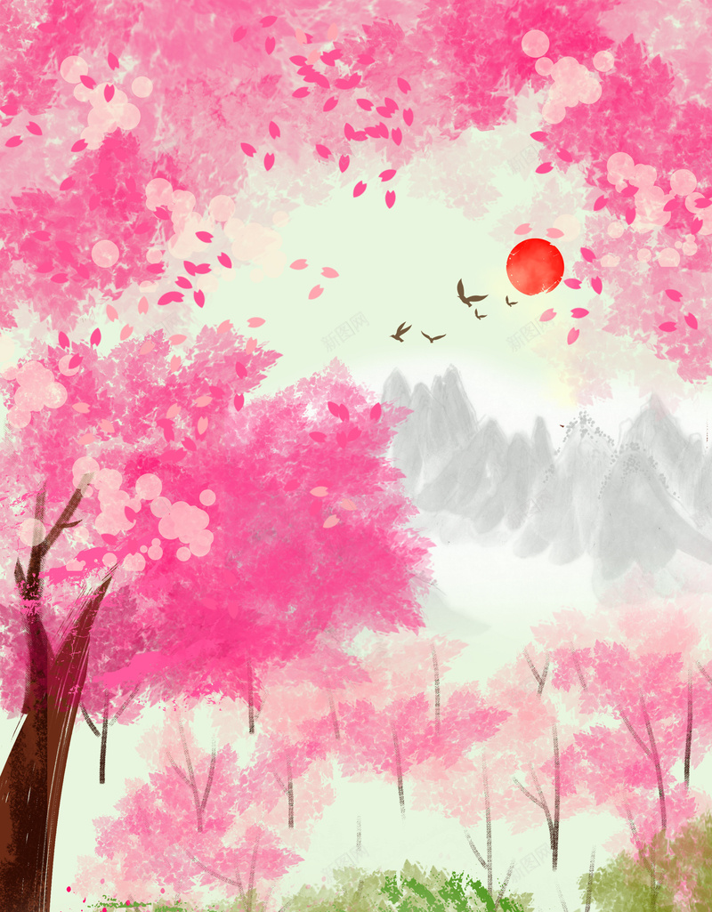 小清新插画春季桃花节海报背景psd设计背景_新图网 https://ixintu.com 小清新 插画 春季 桃树 桃花 桃花节 海报 素材 背景 草地