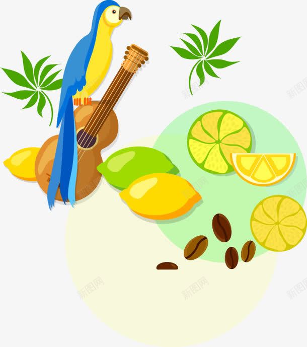 手绘鹦鹉吉它水果图案png免抠素材_新图网 https://ixintu.com 吉它 图案 手绘 水果 鹦鹉