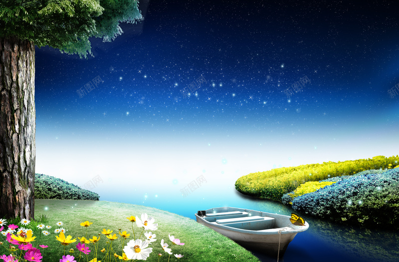 星光大树下的船psd设计背景_新图网 https://ixintu.com 天空白云 蓝色海水 岛屿 质感 船 星光船舶 纹理
