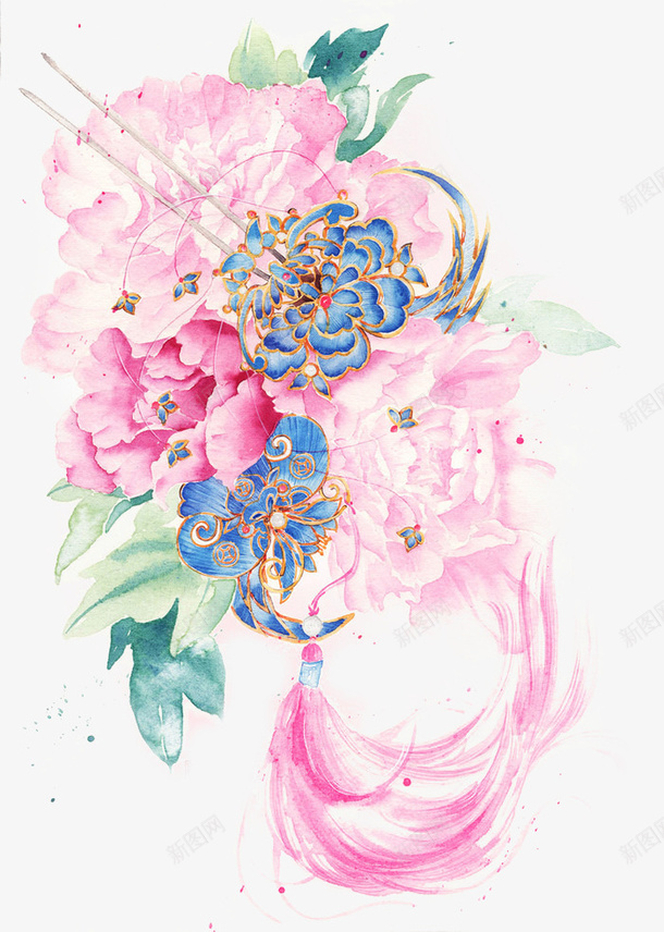 手绘古风花朵元素png免抠素材_新图网 https://ixintu.com 发簪 古风 手绘 牡丹花 花朵元素