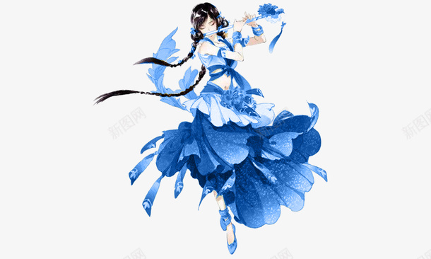 蓝衣古风女子png免抠素材_新图网 https://ixintu.com 古装 古风 古风男女 吹笛 女 蓝衣 跳舞