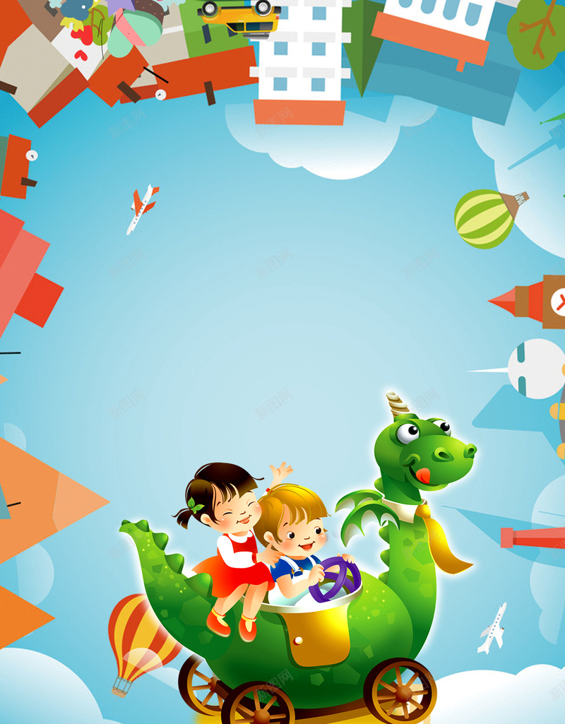 儿童日蓝色卡通宣传海报psd设计背景_新图网 https://ixintu.com 世界儿童日 儿童 卡通 童年 色彩 校园 建筑 恐龙车 蓝色