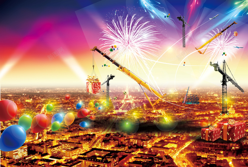 烟花下的城市背景psd设计背景_新图网 https://ixintu.com 城市 大气 气球愉快 烟花 礼盒 风景 魅力城市