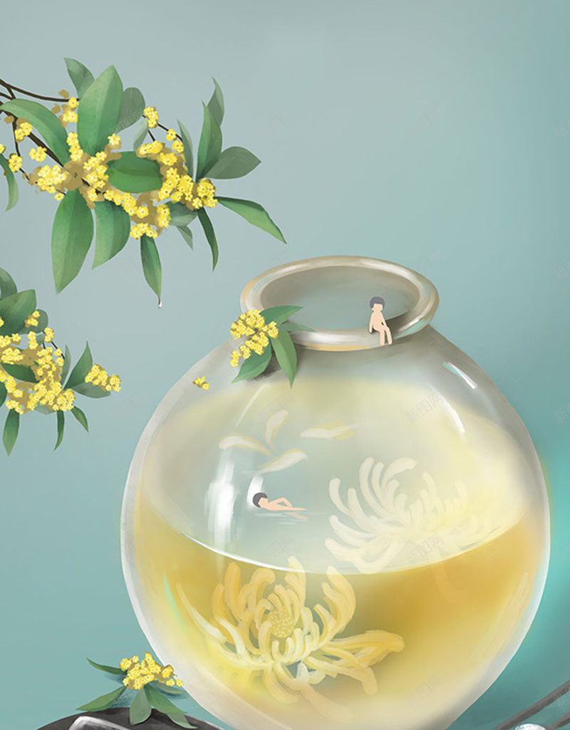 手绘插图文艺重阳节jpg设计背景_新图网 https://ixintu.com 团圆 手绘 文艺 植物 水缸 温暖 白色水缸 简约 重阳节